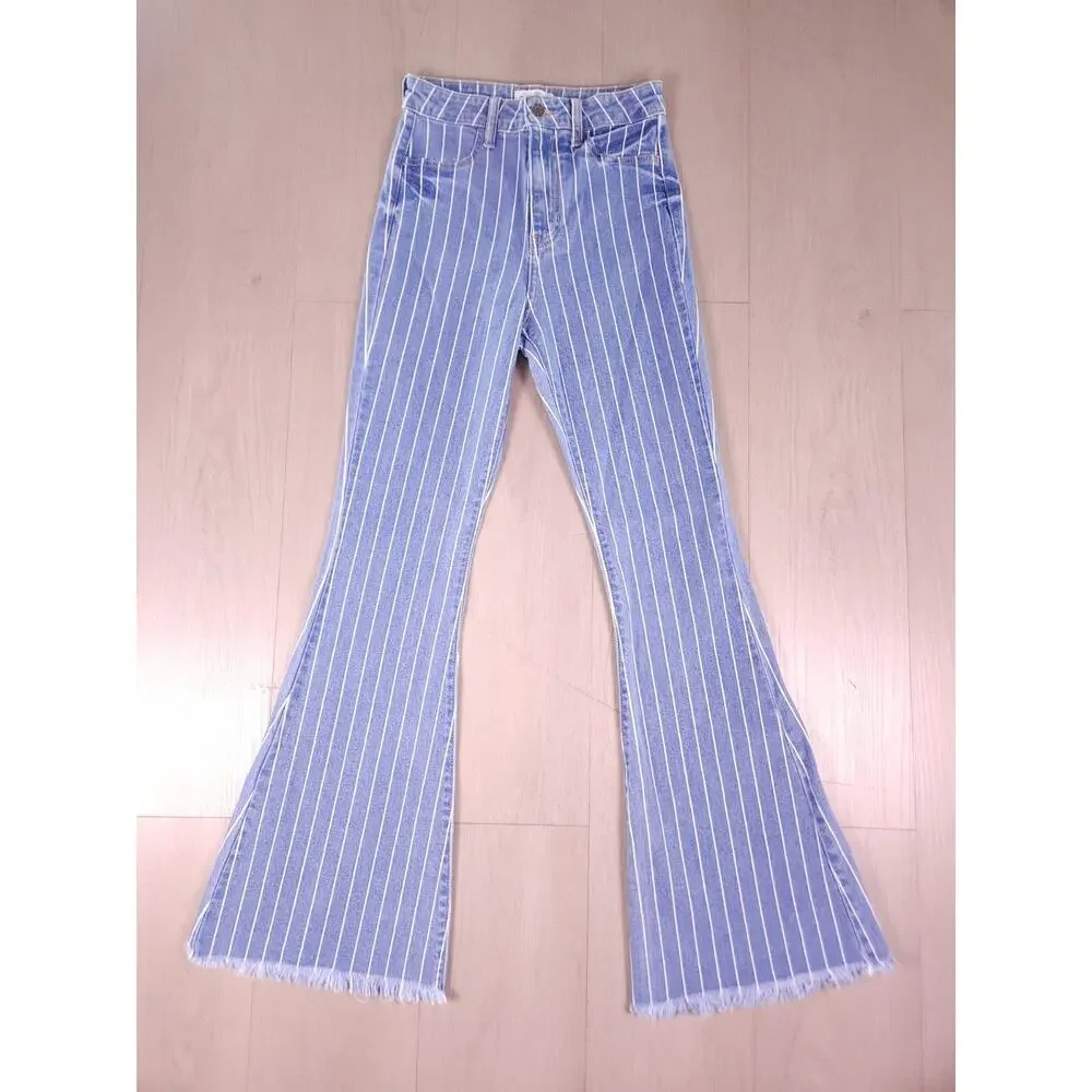 Cello High Rise Pinstripe Flare Jeans Size 00/0 Bell Bottom Raw Hem Retro Y2K - Picture 3 of 12